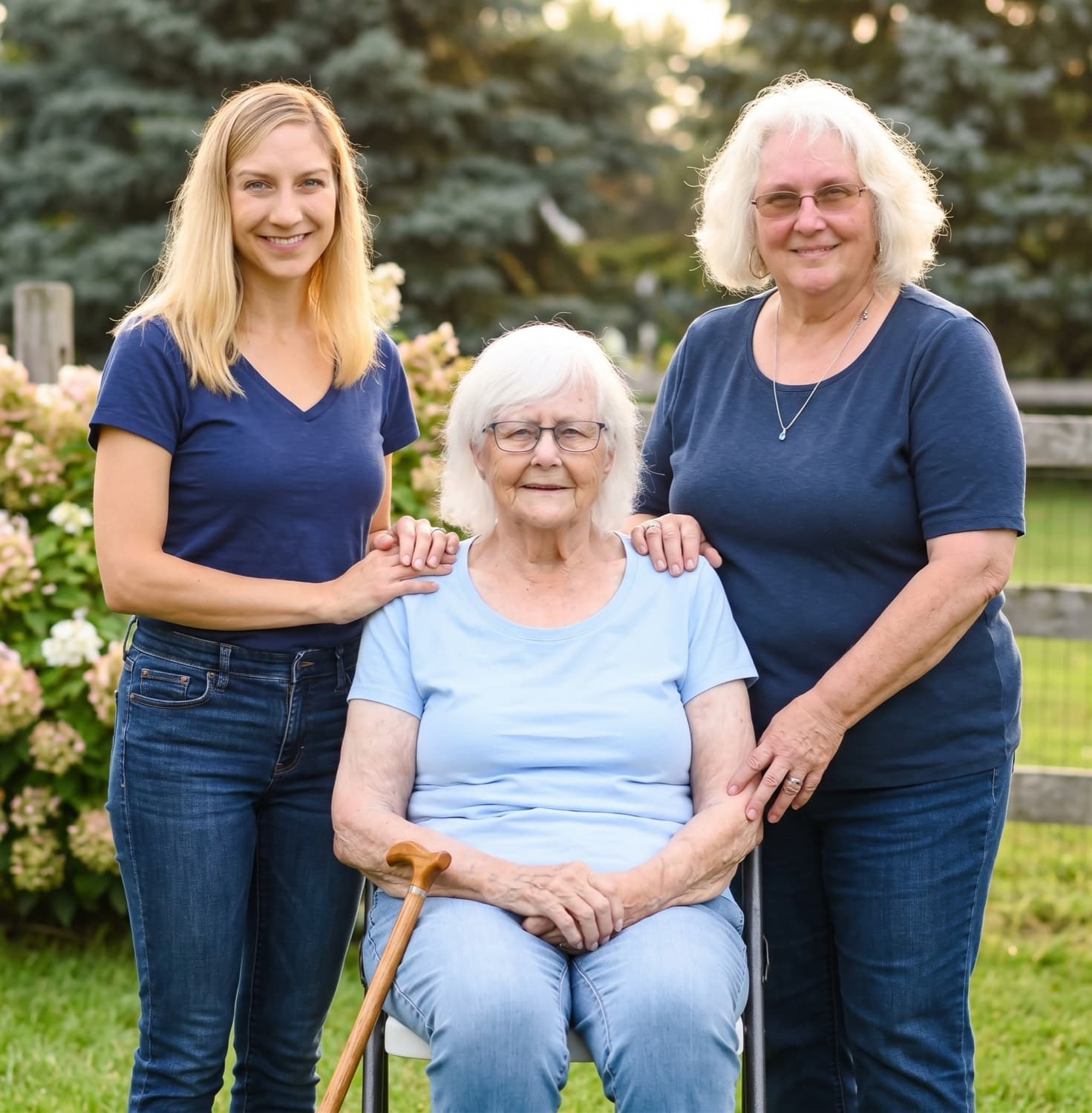 My grandmother seated in a garden, my mother standing on one side of her and me on the other.